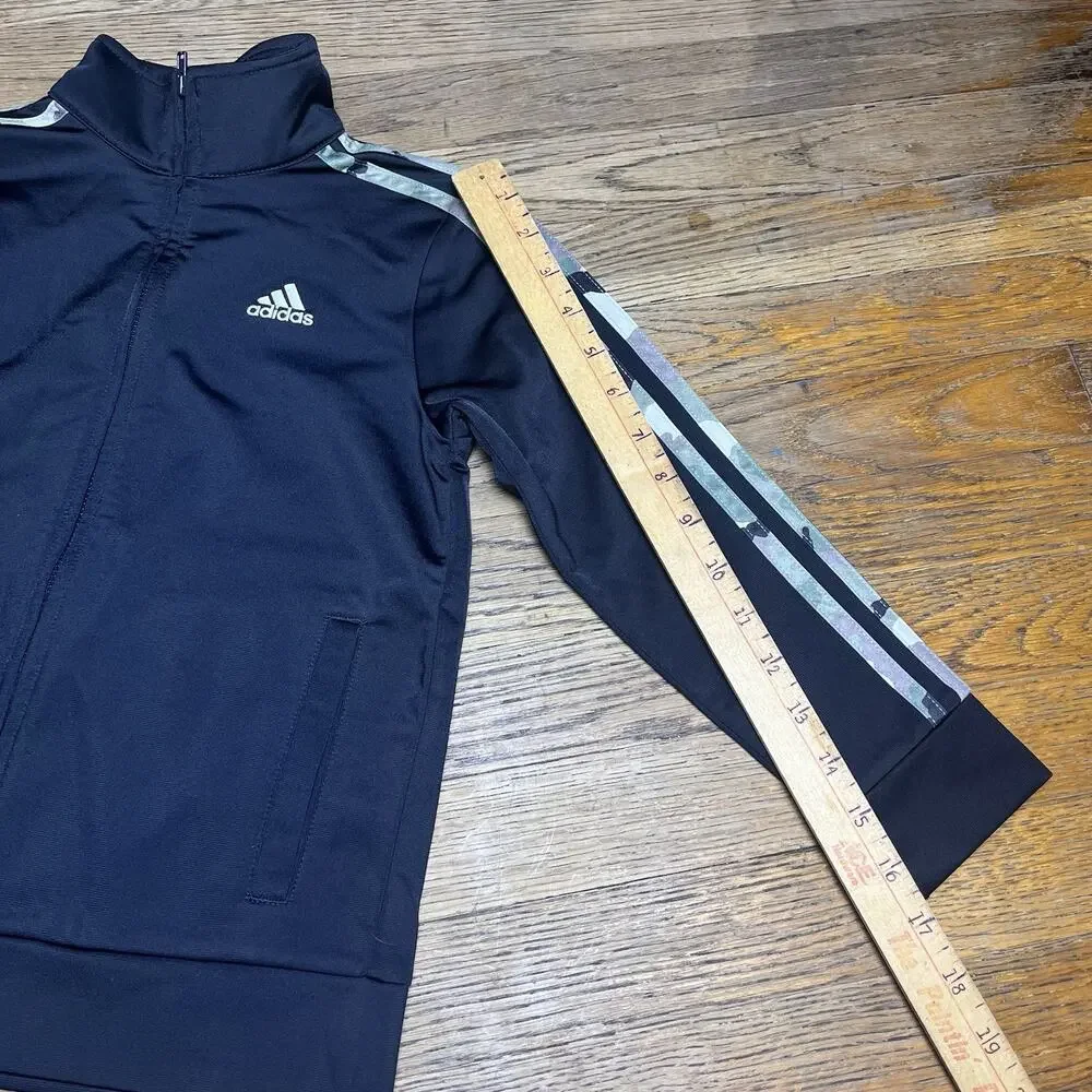 Adidas Boys Track Jacket Size 6 Zip Up Black Camo Blue White 3 Stripes Logo Kids